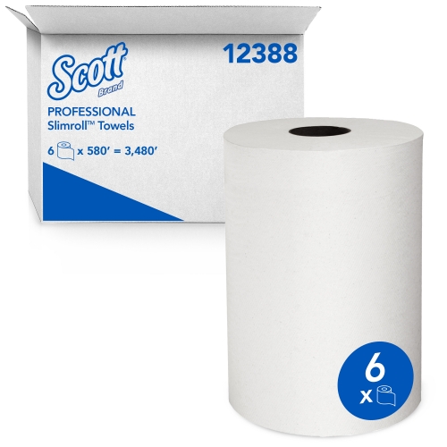 Scott® Slimroll™ Hard Roll Towels (12388), with Fast-Drying Absorbency Pockets™, White, for compatible Kimberly-Clark Professional™ Dispensers (580'/Roll, 6 Rolls/Case, 3,480'/Case)