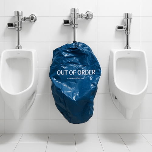 OUT OF ORDER URINAL COVER BLUE PLASTIC W PLASTIC PIPE FASTENER 12/CS