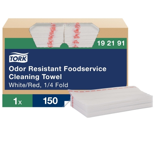 Tork® Odor Resistant Foodservice Cleaning Cloth, 1/4 Fold, White/Red, 150/CS
