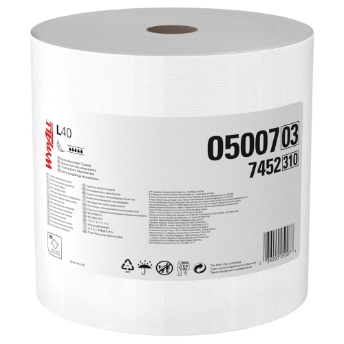 Wypall® Power Clean™ L40 05007 Extra Absorbent Towel, Jumbo Roll, Cellulose/Latex, White, 1-Ply, 750-Sheets